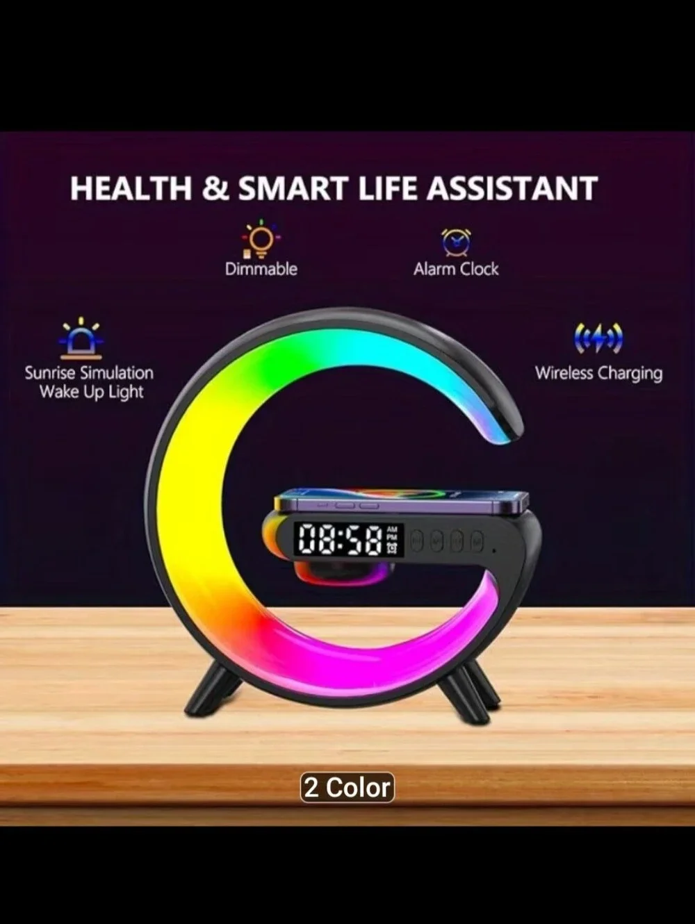 Black RGB Wireless Charging Alarm Clock with Bluetooth Speaker